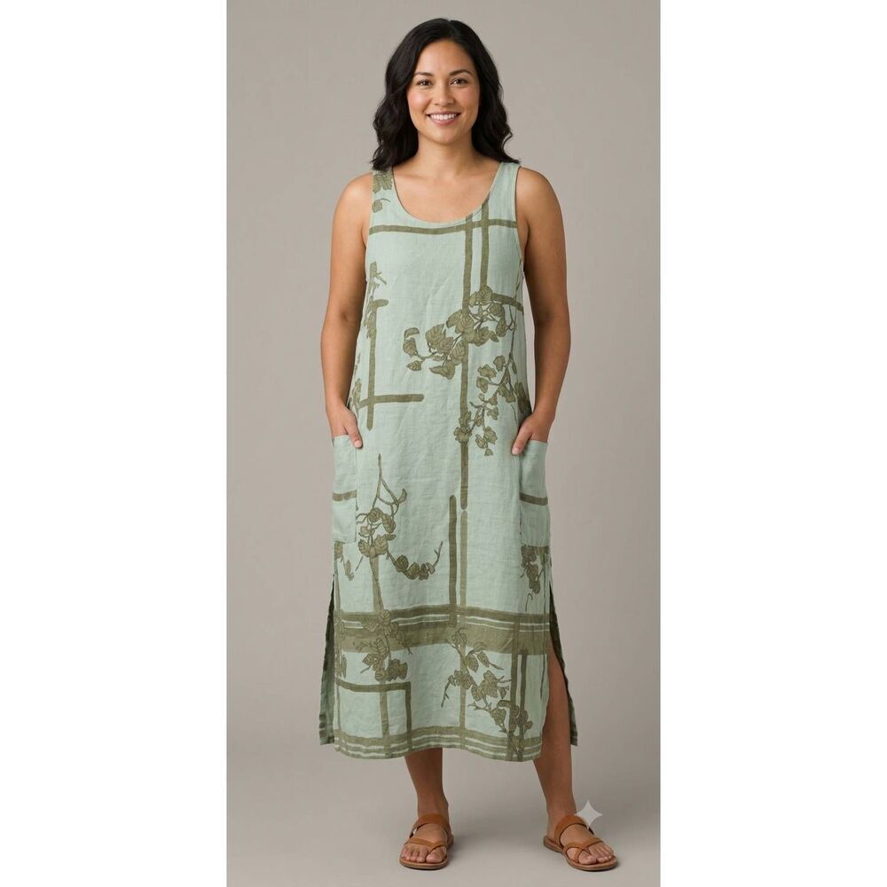 IVY Olive Green Leaf Print Linen Slit Midi Shift Dress Medium Cottage Hippie